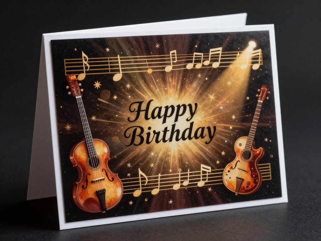 Music-themed happy birthday card with instruments