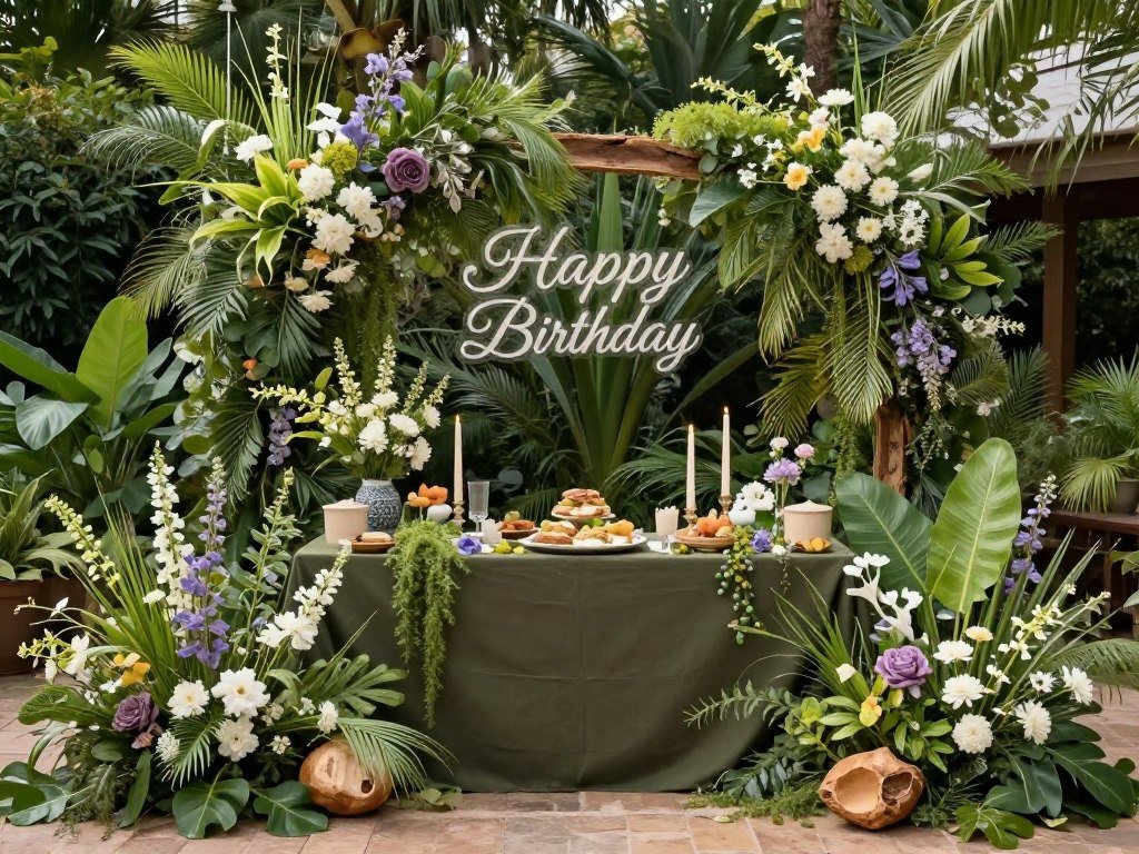 Nature-inspired birthday setup with flowers and natural elements for happy birthday wishes pics Nature-inspired birthday setup with flowers and natural elements for happy birthday wishes pics