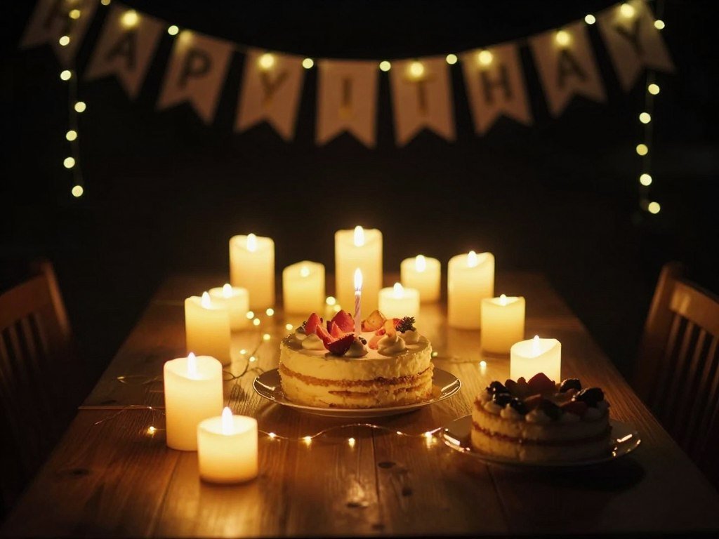 Nighttime birthday celebration with candles and string lights for happy birthday wishes pics Nighttime birthday celebration with candles and string lights for happy birthday wishes pics