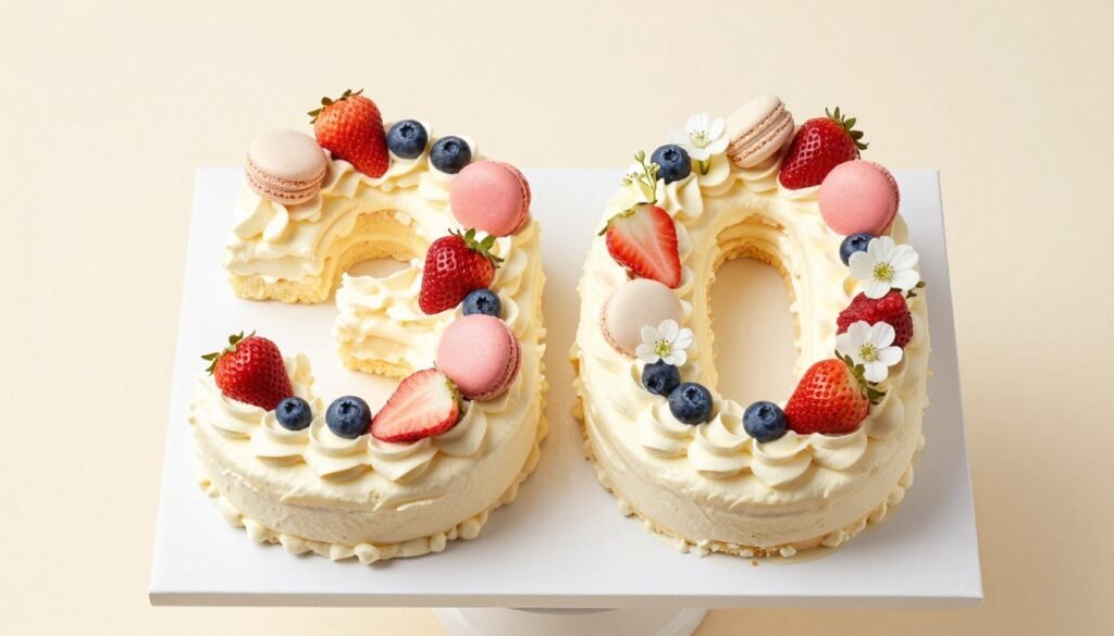 Number 30 cake decorated with fresh berries, macarons, and flowers Number 30 cake decorated with fresh berries, macarons, and flowers