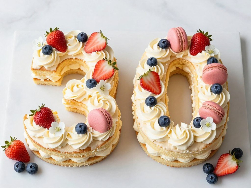 Number cake decorated with fresh berries, flowers and macarons