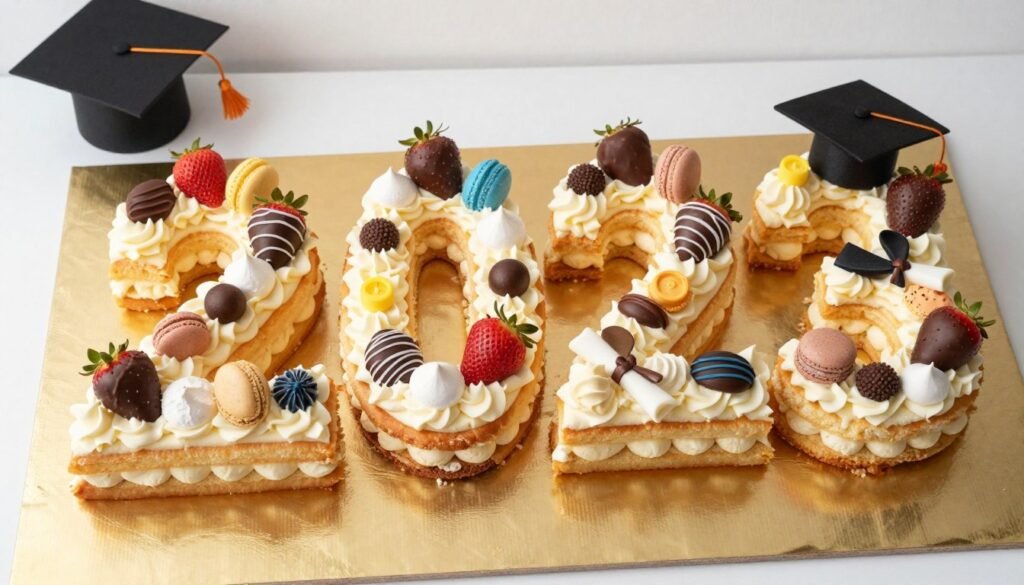 Number cake shaped as 2023 with graduation-themed decorations