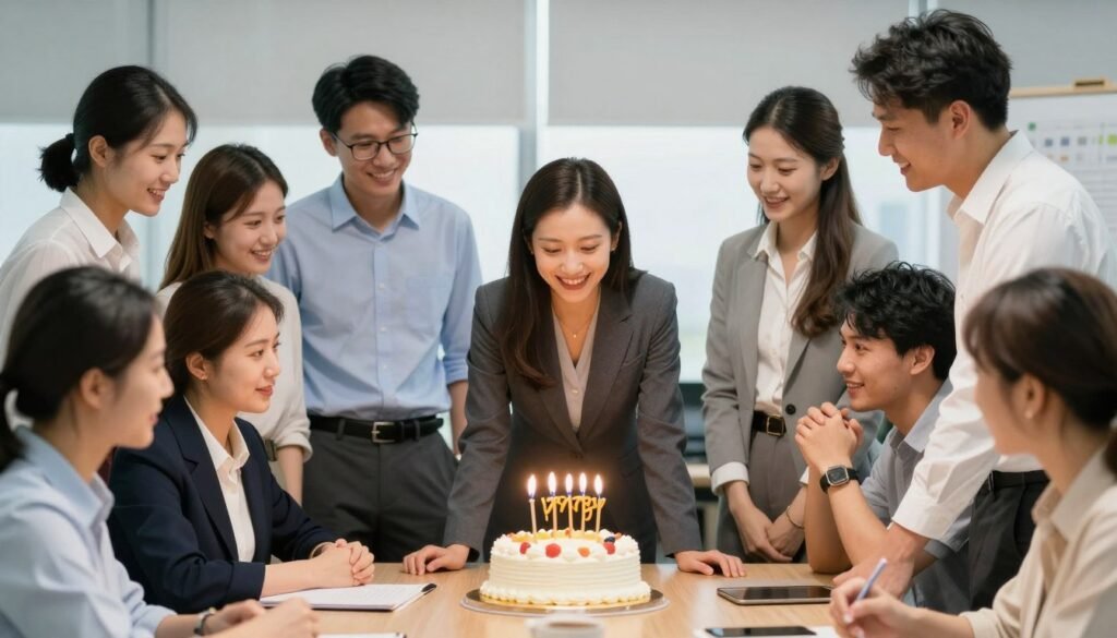 Office celebration with coworkers gathered around a birthday cake Office celebration with coworkers gathered around a birthday cake
