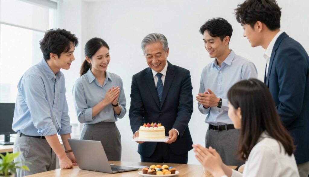 Office colleagues celebrating a birthday with cake in a workplace setting Office colleagues celebrating a birthday with cake in a workplace setting
