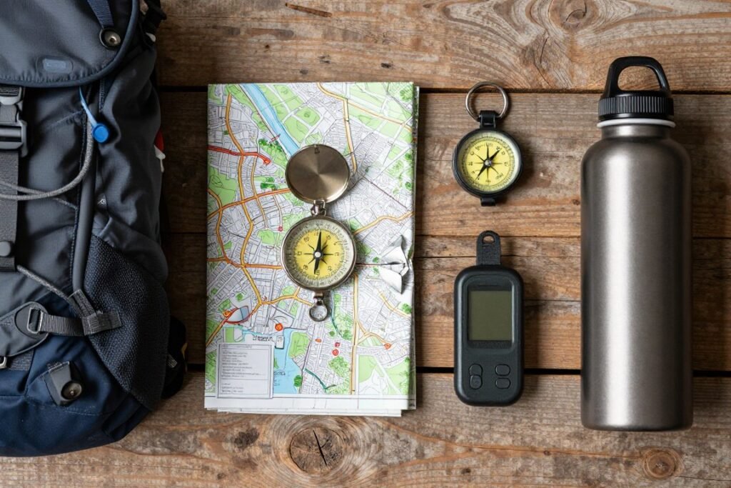Outdoor adventure gear arranged as a birthday gift Outdoor adventure gear arranged as a birthday gift