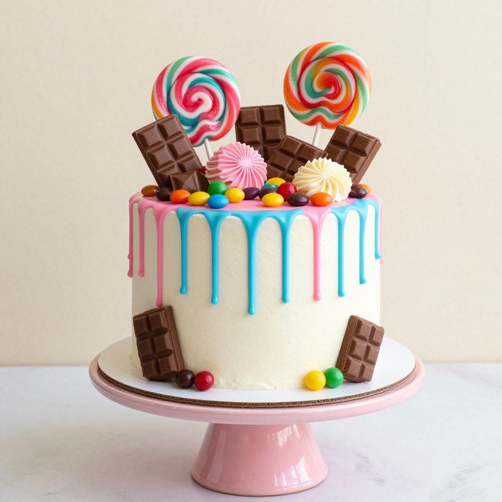 Over-the-top candy cake with colorful drips and various sweets