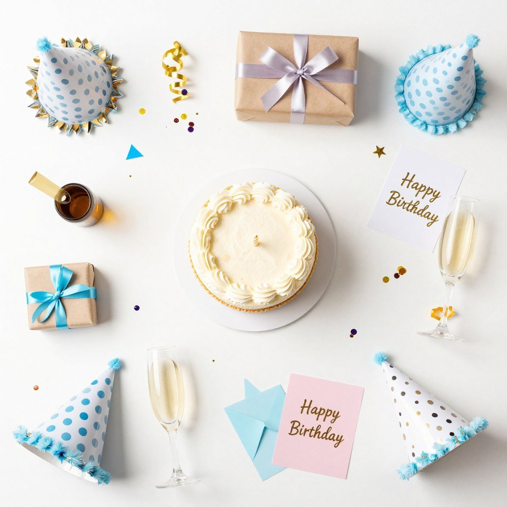 Overhead flat lay of happy birthday celebration items including cake, gifts, confetti, and decorative elements Overhead flat lay of happy birthday celebration items including cake, gifts, confetti, and decorative elements