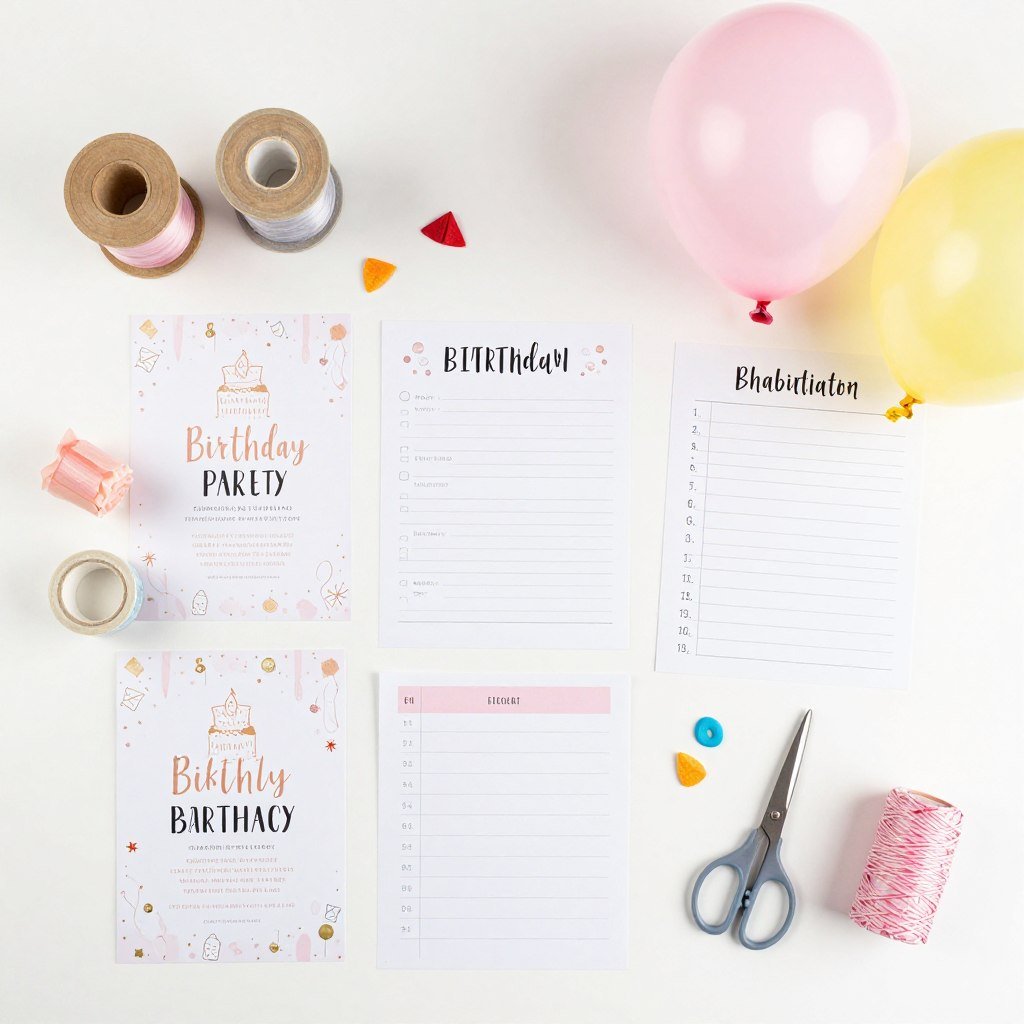 Overhead view of birthday party preparation items including invitations, decorations, and planning elements Overhead view of birthday party preparation items including invitations, decorations, and planning elements