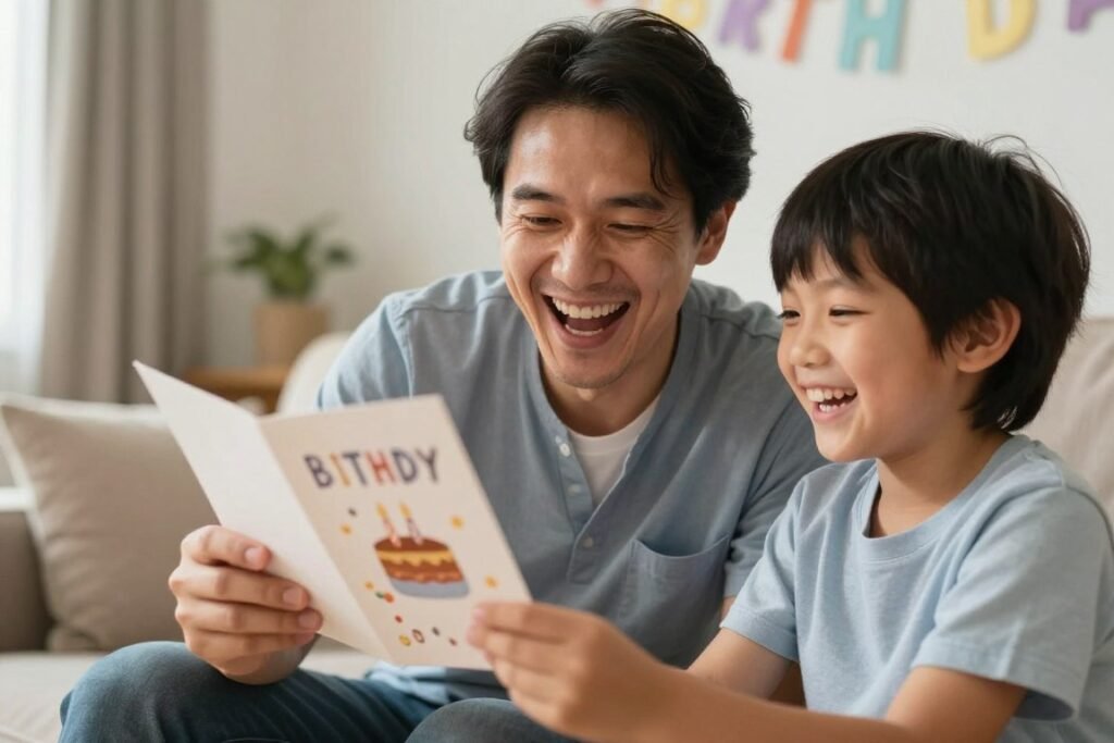 Parent laughing at a funny birthday card from their child