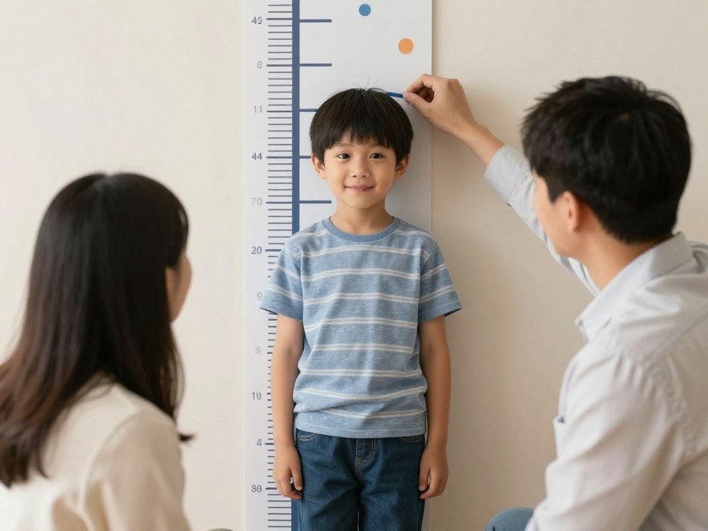 Parents measuring their son's height on a growth chart as a birthday tradition
