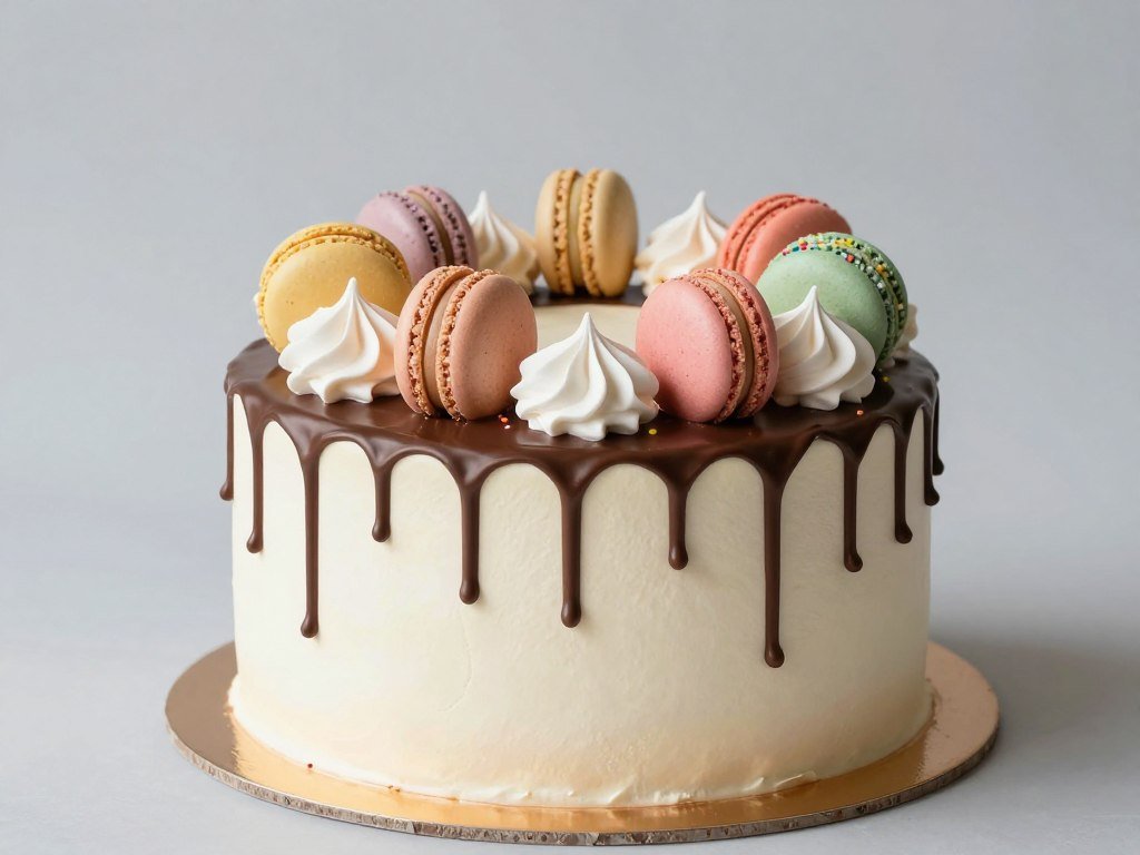 Pastel drip cake with colorful macarons and sprinkles