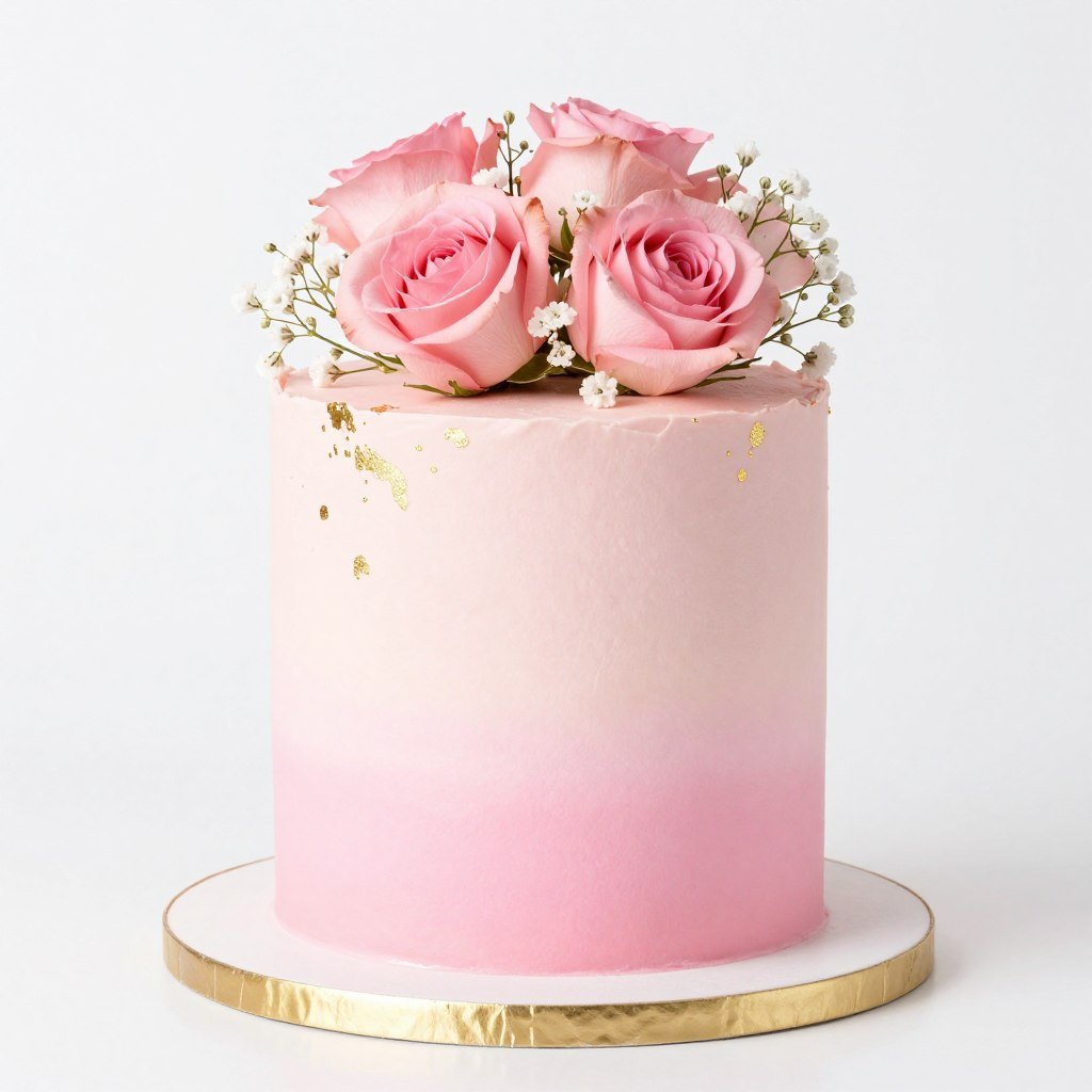 Pastel pink ombre baby shower cake with gold accents and floral decorations