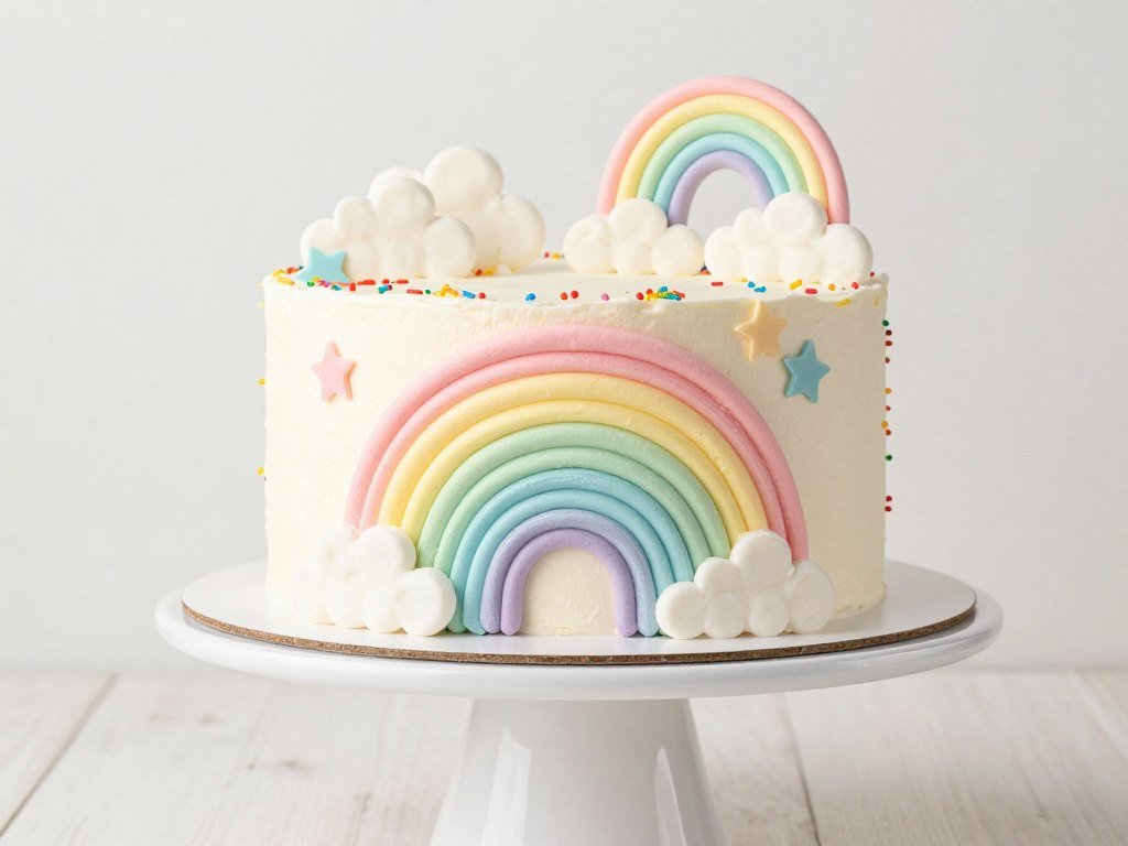 Pastel rainbow cake with whimsical cloud decorations and sprinkles