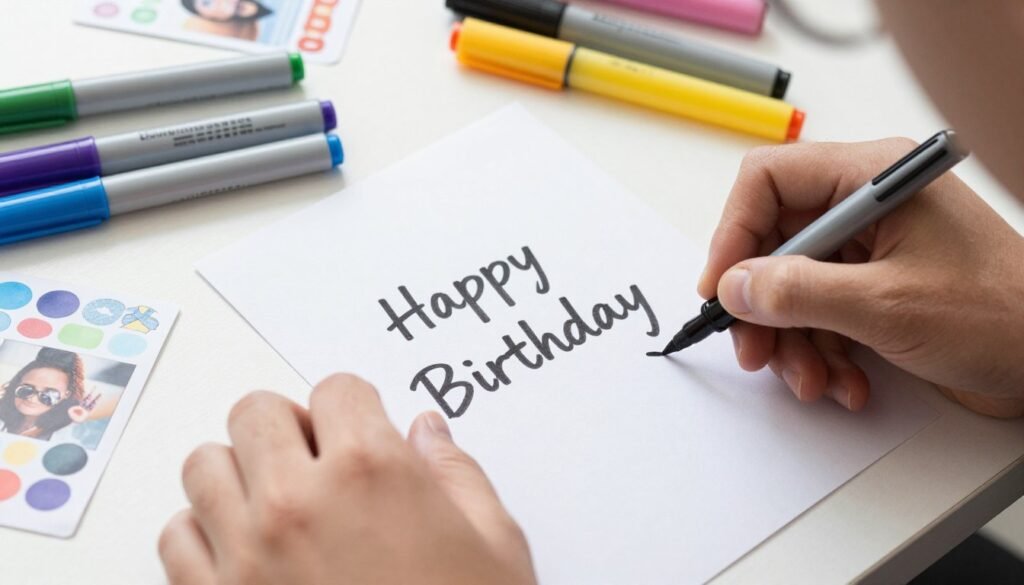 Person adding personal touches to a funny birthday card