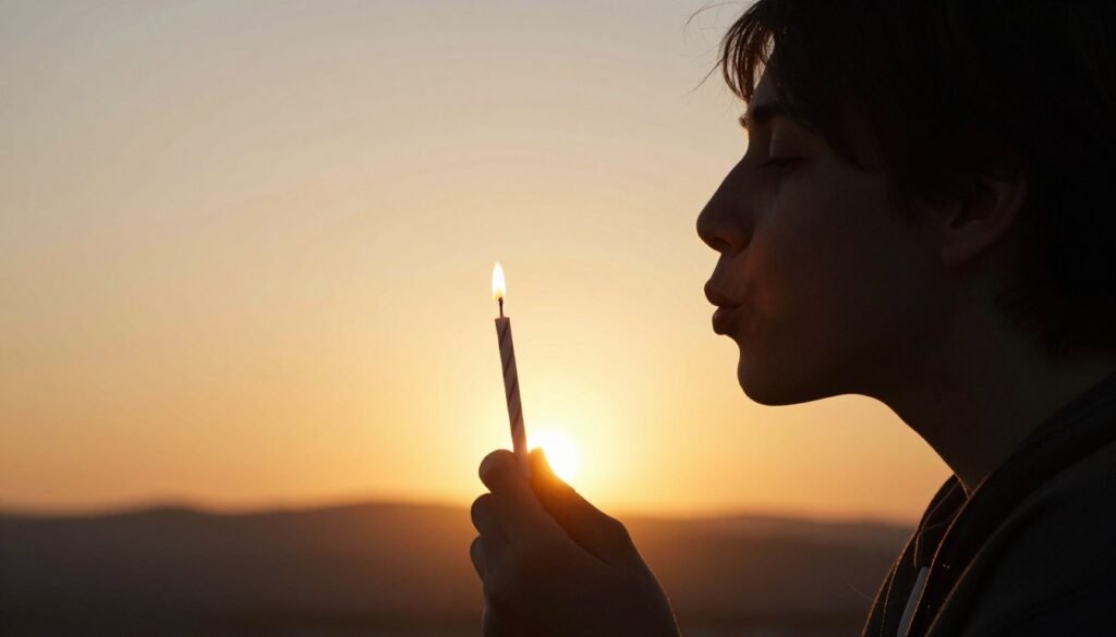 Person blowing out birthday candles with a hopeful expression at sunset