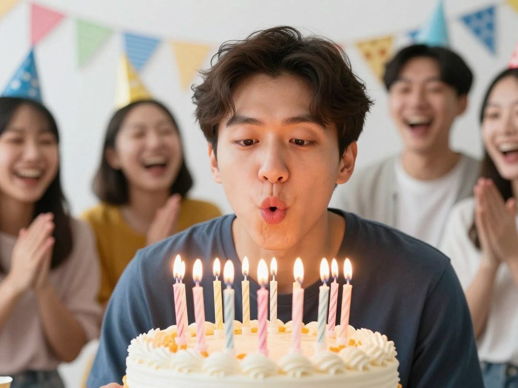Person blowing out too many candles on a birthday cake with friends laughing