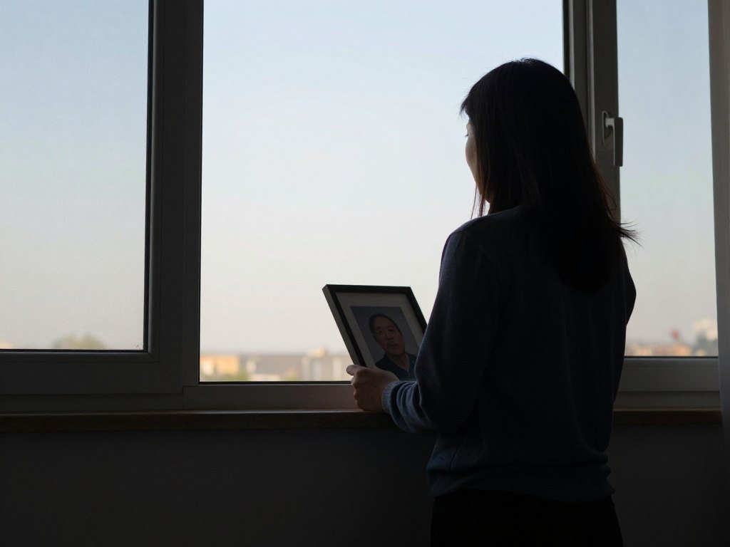 Person holding a photograph looking out a window for happy birthday in heaven dad
