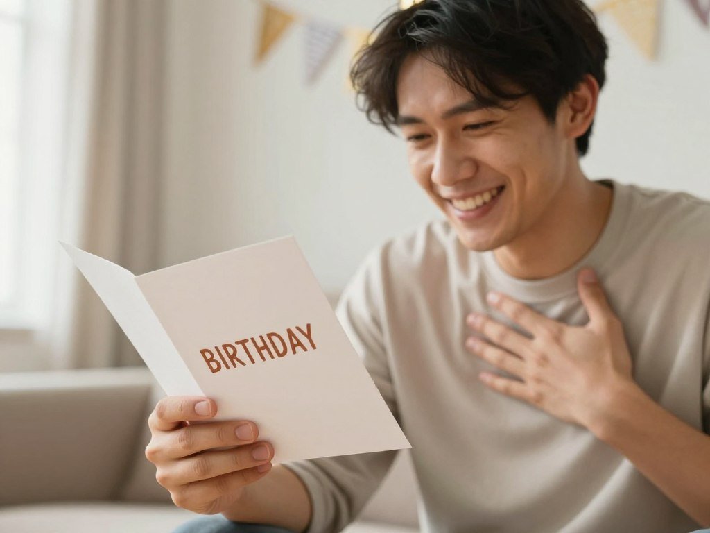 Person reading a birthday card with both laughter and touched expression