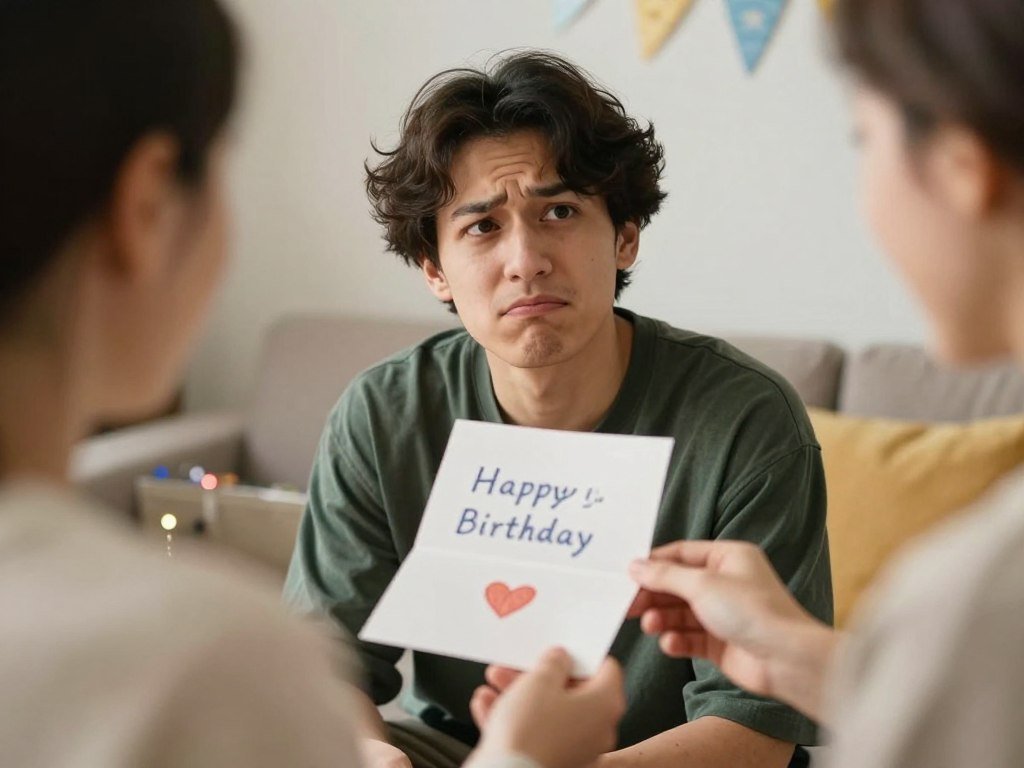 Person receiving a belated birthday card with an amused expression