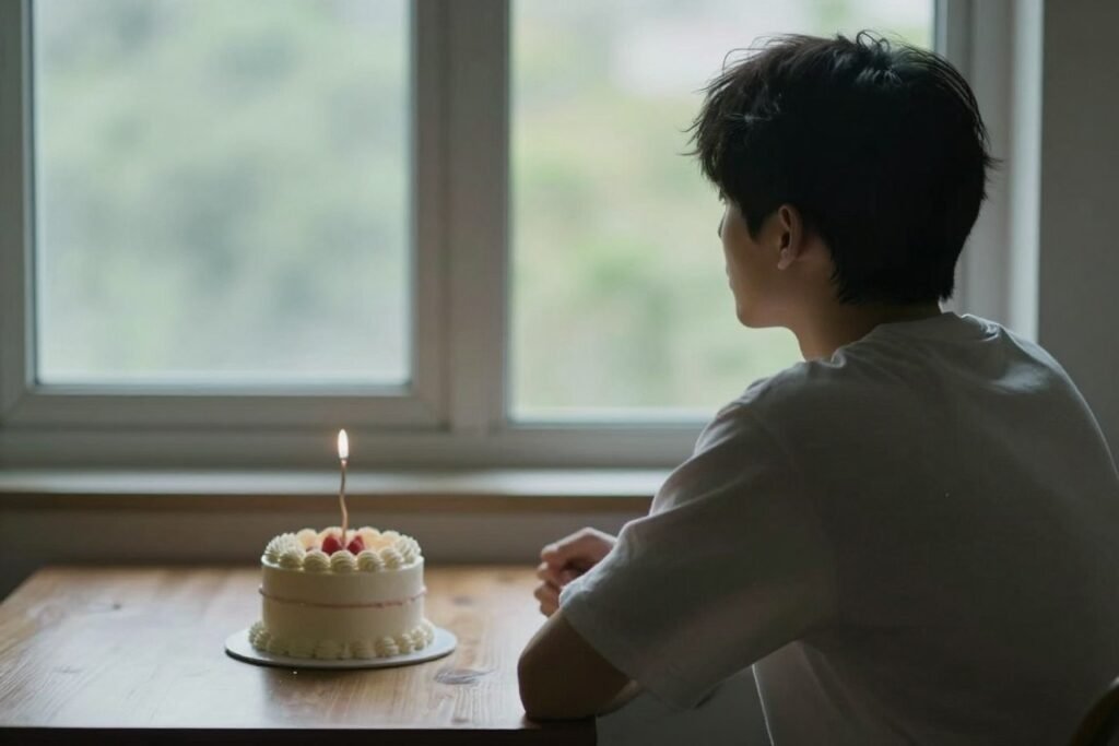 Person reflecting by window with birthday cake on table