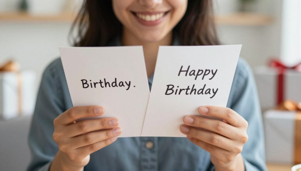 Person smiling while reading birthday messages on a card, surrounded by gifts Person smiling while reading birthday messages on a card, surrounded by gifts