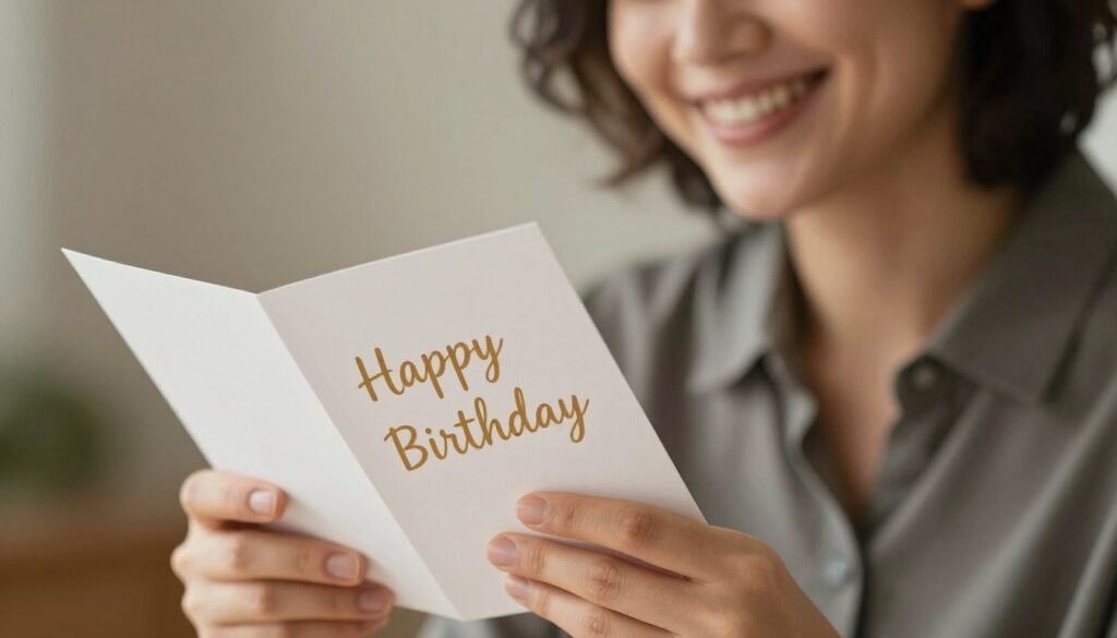 Person smiling while reading heartfelt birthday card Person smiling while reading heartfelt birthday card