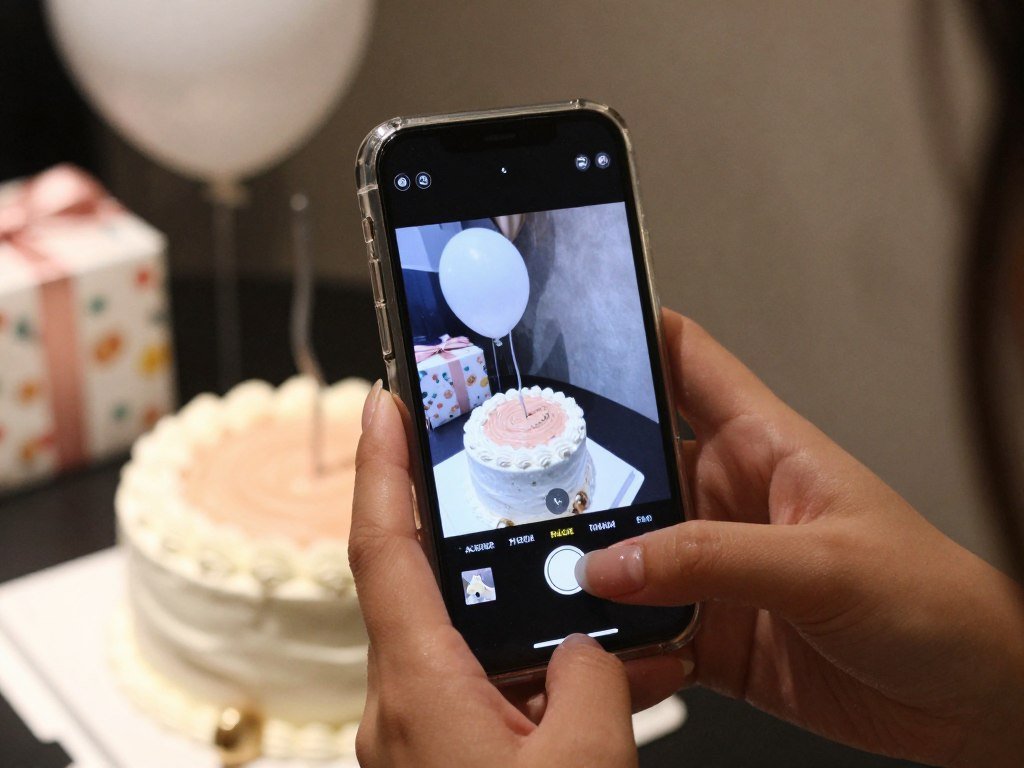 Person taking birthday selfie with cake and decorations