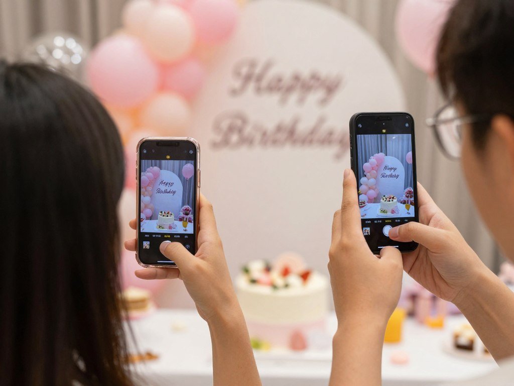 Person taking photos of birthday setup with smartphone for happy birthday wishes pics Person taking photos of birthday setup with smartphone for happy birthday wishes pics