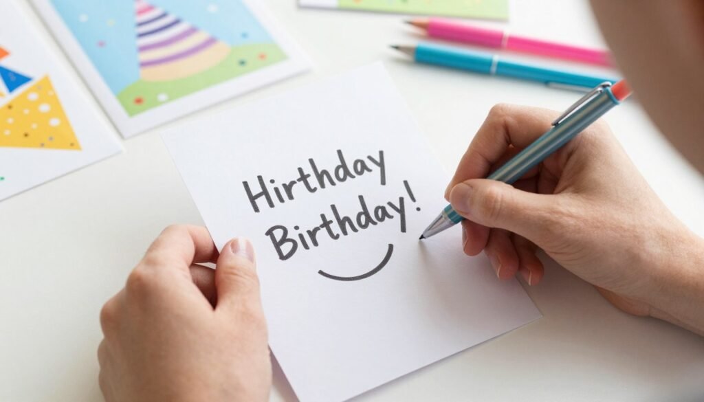 Person thoughtfully writing a funny birthday message in a card