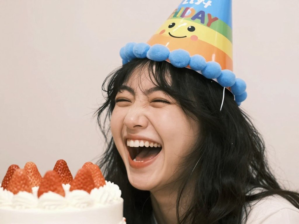 Person wearing funny birthday hat and laughing with cake