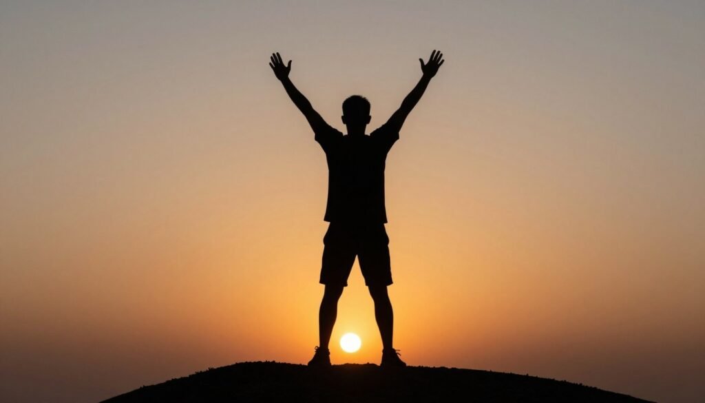 Person with arms raised triumphantly on a hilltop at sunrise on their birthday