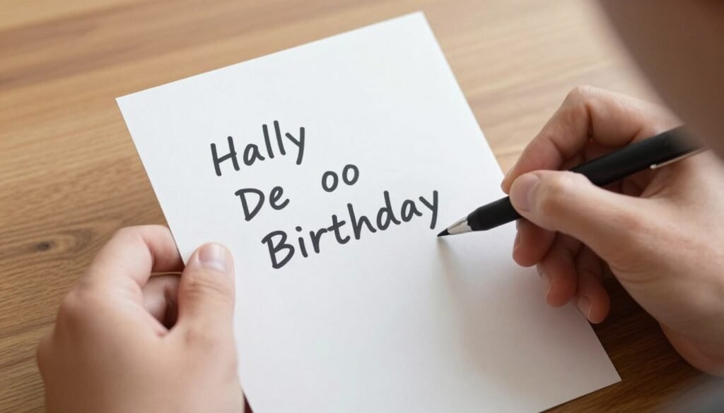Person writing a personalized birthday message in a card with thoughtful expression
