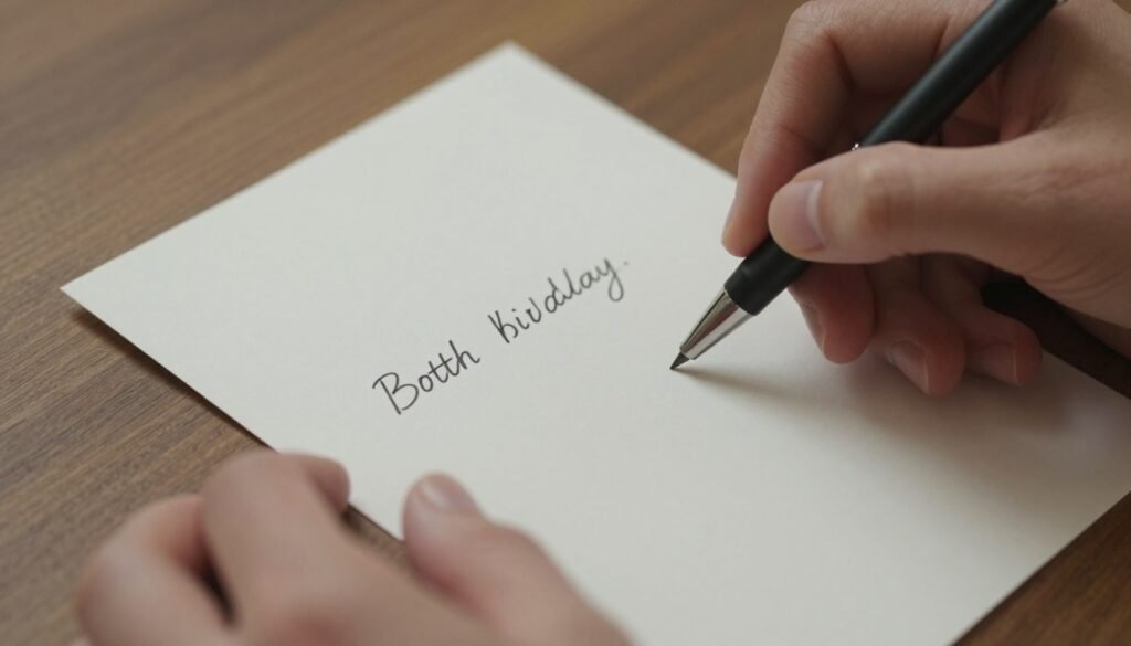 Person writing a thoughtful birthday message on a card