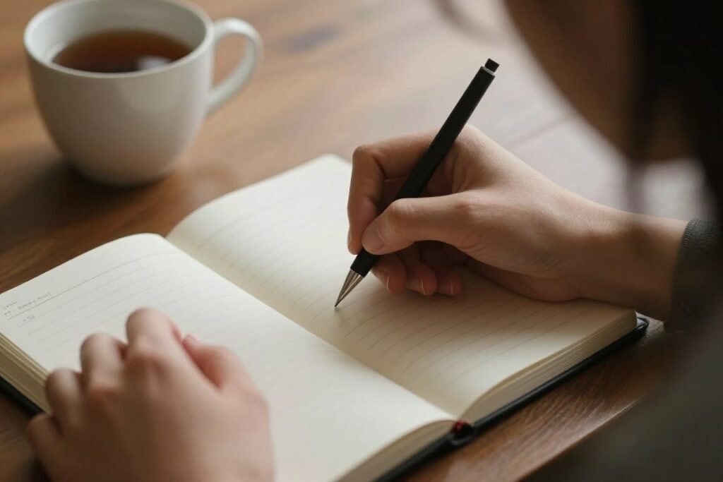 Person writing in journal with thoughtful expression