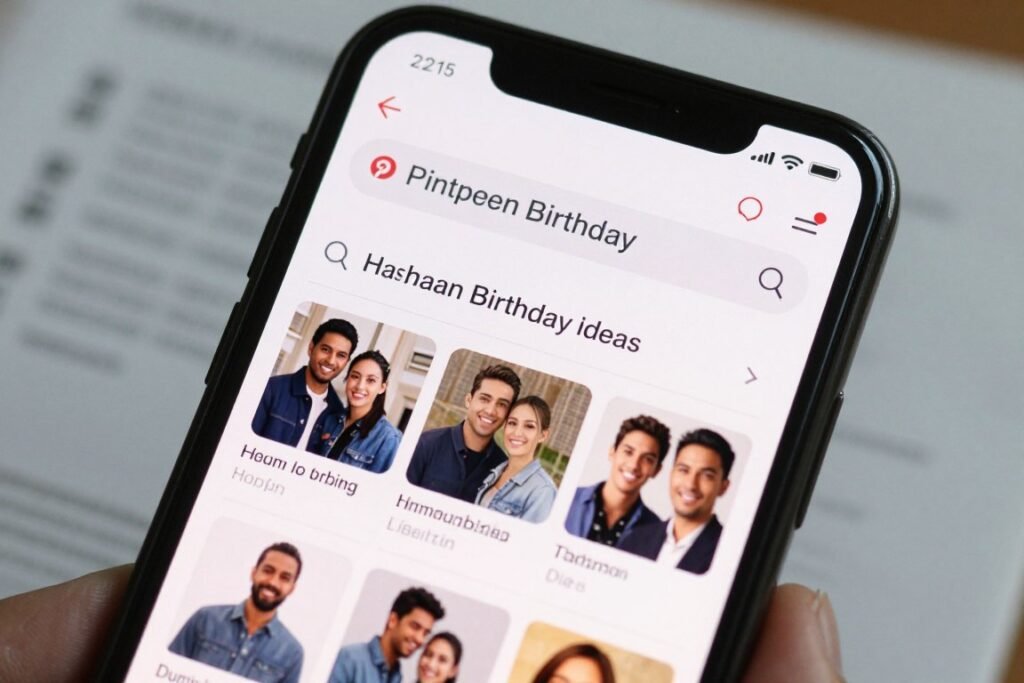 Phone screen showing Pinterest hashtag search for birthday ideas Phone screen showing Pinterest hashtag search for birthday ideas