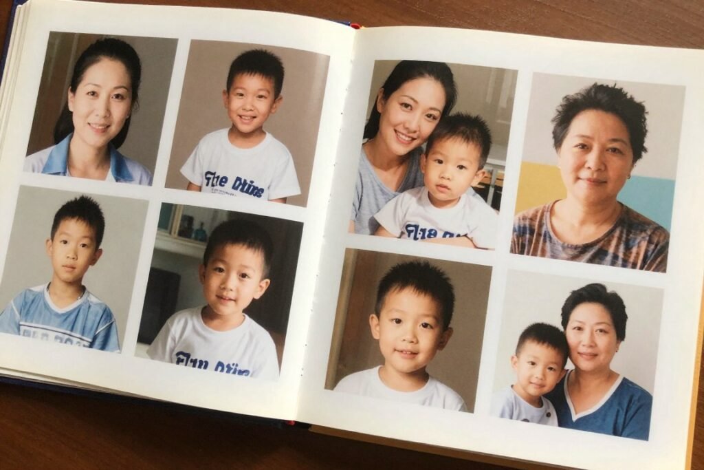 Photo album with mother-son memories throughout the years, celebrating happy birthday son from mom