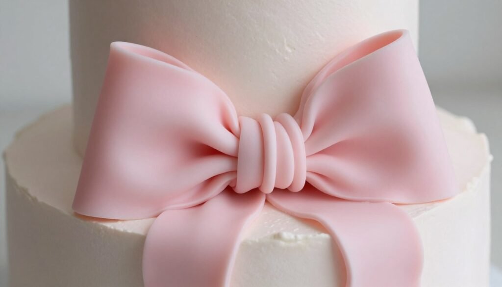 Pink buttercream bow cake design with delicate piping details