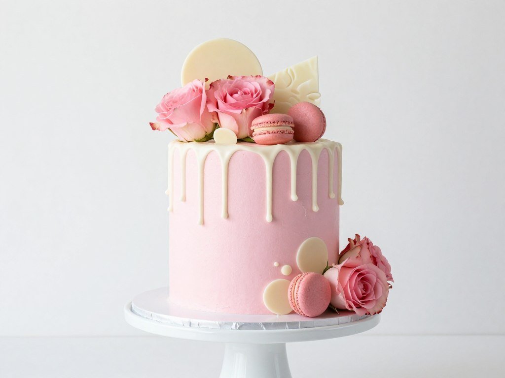 Pink drip baby shower cake with macarons and fresh flowers
