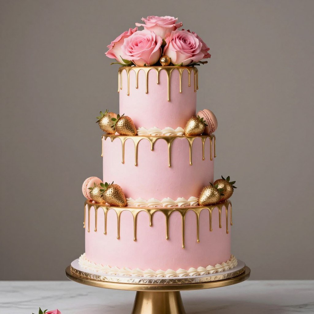Pink drip cake with gold accents and fresh flowers on top Pink drip cake with gold accents and fresh flowers on top