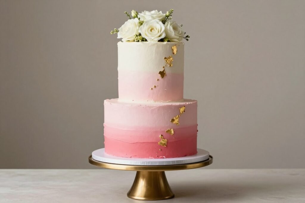Pink ombre birthday cake with gold accents and fresh flowers Pink ombre birthday cake with gold accents and fresh flowers