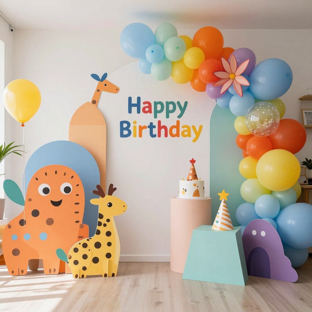 Playful children's birthday setup with bright colors for happy birthday wishes pics Playful children's birthday setup with bright colors for happy birthday wishes pics