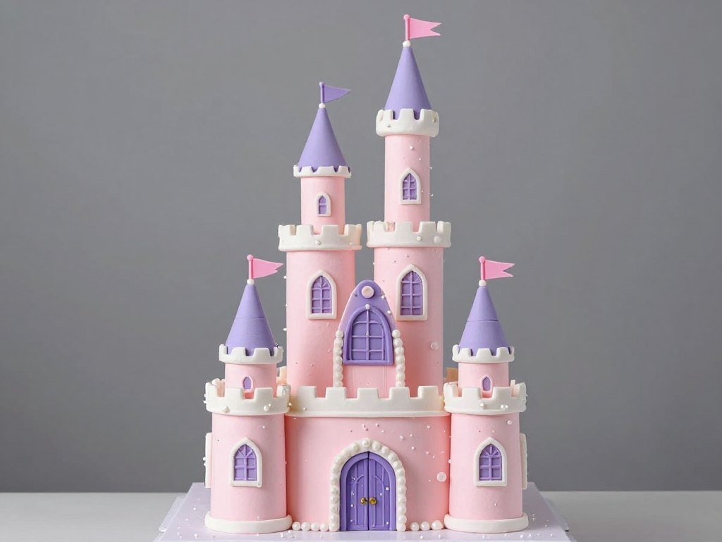 Princess castle cake with turrets and fondant flags