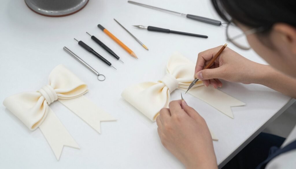 Professional cake decorator demonstrating bow cake design techniques