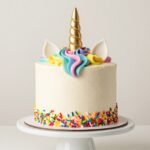 Rainbow unicorn birthday cake design with colorful mane and golden horn