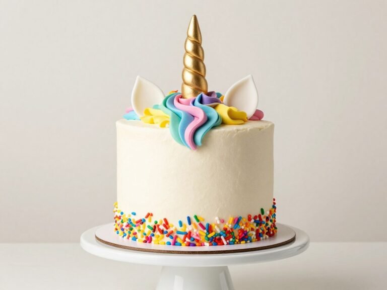 Rainbow unicorn birthday cake design with colorful mane and golden horn