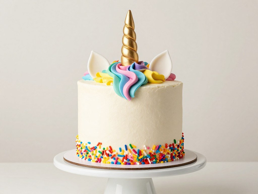 Rainbow unicorn birthday cake design with colorful mane and golden horn