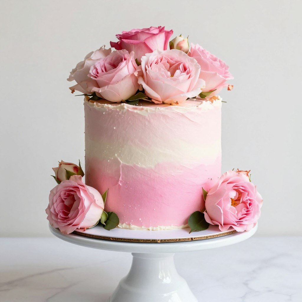 Romantic cake with pink ombre buttercream and fresh garden roses