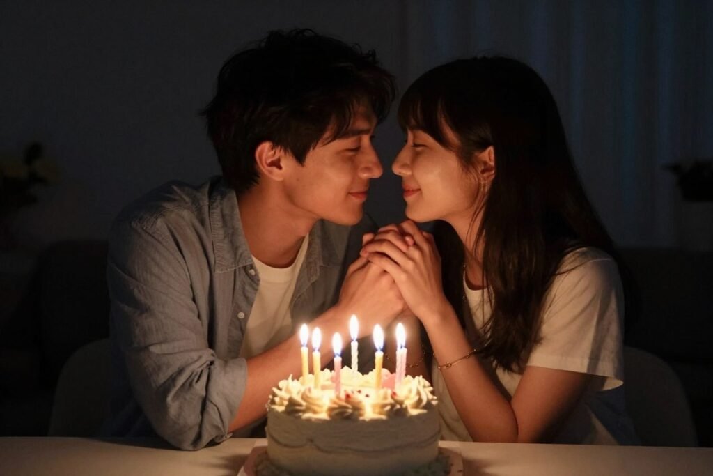 Romantic couple celebrating with a birthday cake and candles in a dimly lit setting
