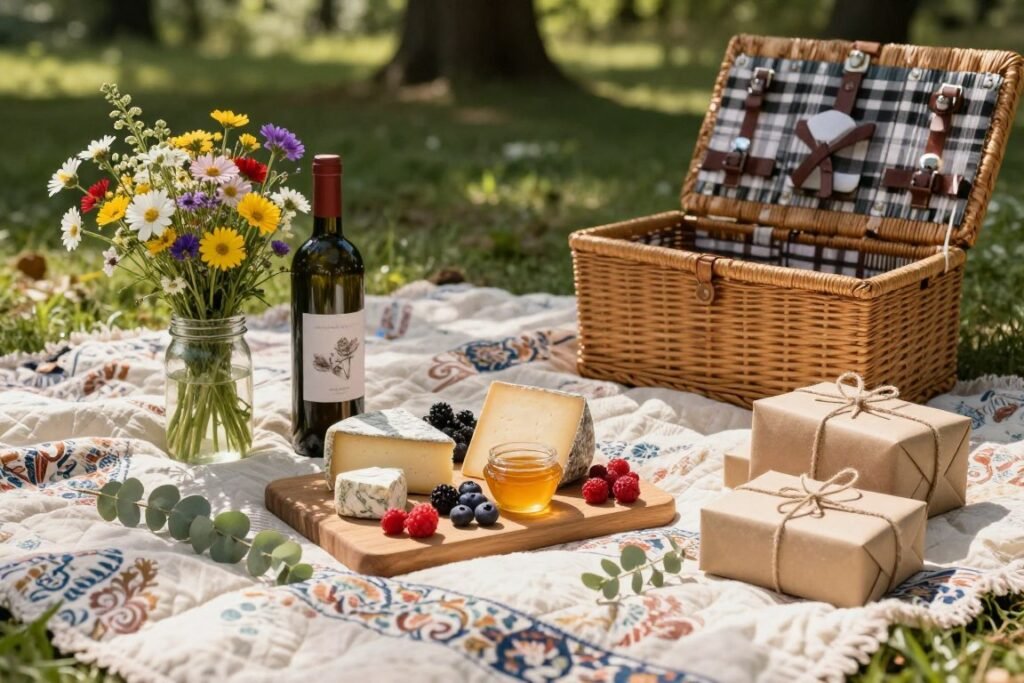 Rustic birthday picnic setup with wildflowers for happy birthday beautiful celebration