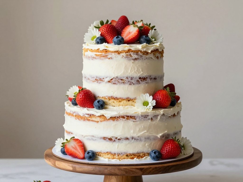 Rustic naked cake with berries and flowers
